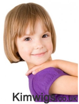 Straight Short Blonde Remy Human Hair 100% Hand-tied Kids Wigs