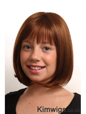 Straight Chin Length Auburn Synthetic Monofilament Kids Wigs