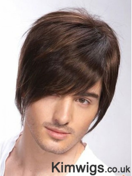 100% Hand Tied Brown Remy Human Short Straight Wigs Man