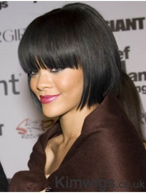 Black Straight With Bangs 100% Hand-tied 10 inch Flexibility Rihanna Wigs