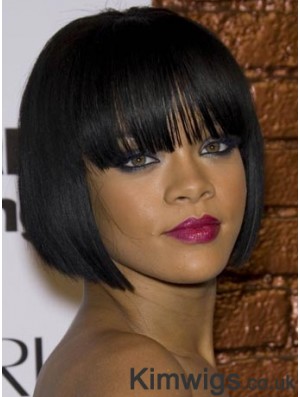 Black Straight With Bangs 100% Hand-tied 10 inch Affordable Rihanna Wigs
