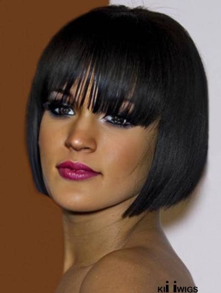 Black Straight With Bangs 100% Hand-tied 10 inch Affordable Rihanna Wigs