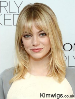Comfortable Blonde Shoulder Length Straight 16 inch With Bangs Emma Stone Wigs