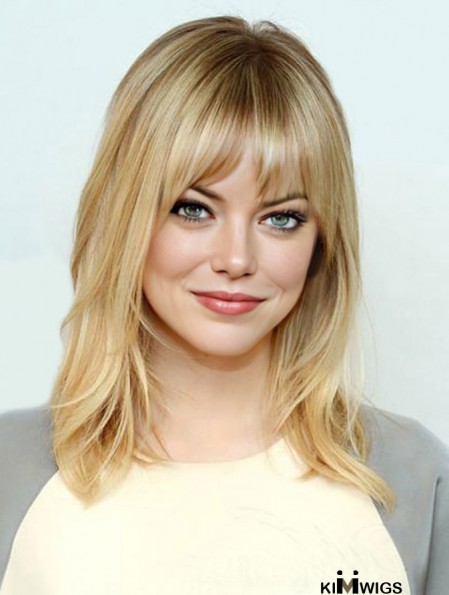 Comfortable Blonde Shoulder Length Straight 16 inch With Bangs Emma Stone Wigs