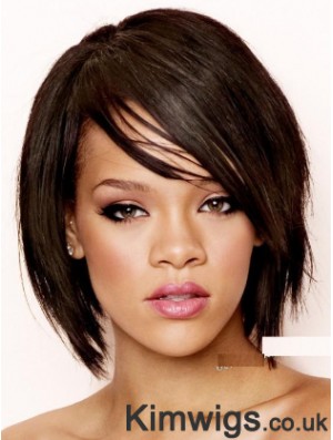 Black Straight With Bangs 100% Hand-tied 8 inch Soft Rihanna Wigs