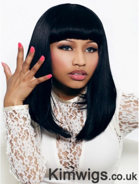 16 inch Black Straight With Bangs Shoulder Length Convenient Nicki Minaj Wigs