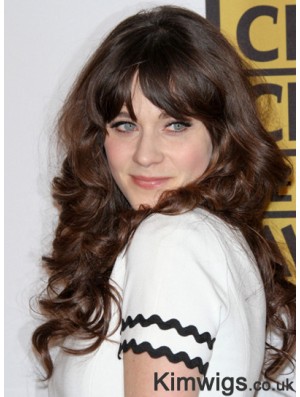 Perfect Brown Long Curly 23 inch With Bangs Zooey Deschanel Wigs