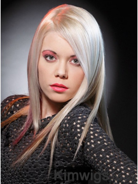 Lace Front Without Bangs Long Straight 16 inch Platinum Blonde Good Fashion Wigs