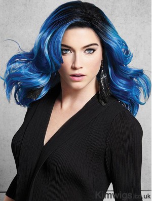 Shoulder Length Great Blue Synthetic Without Bangs Lace Front Wigs