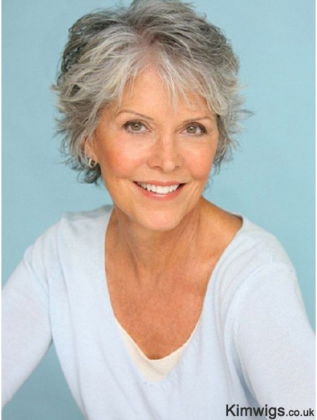 Short Grey Human Hair Wigs Short Length Straight Style Grey Cut