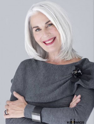 Straight Lace Front 14 inch Top Chin Length Human Hair Grey Wigs