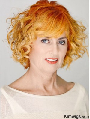 Fabulous Copper Chin Length Curly With Bangs 12 inch Human Hair Wigs